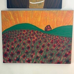 Vibrant Poppy Farm Landscape Original Canvas Painting by an Oregon Artist